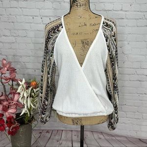 Boutique Raglan Sleeve Tribal Print Surplice Top